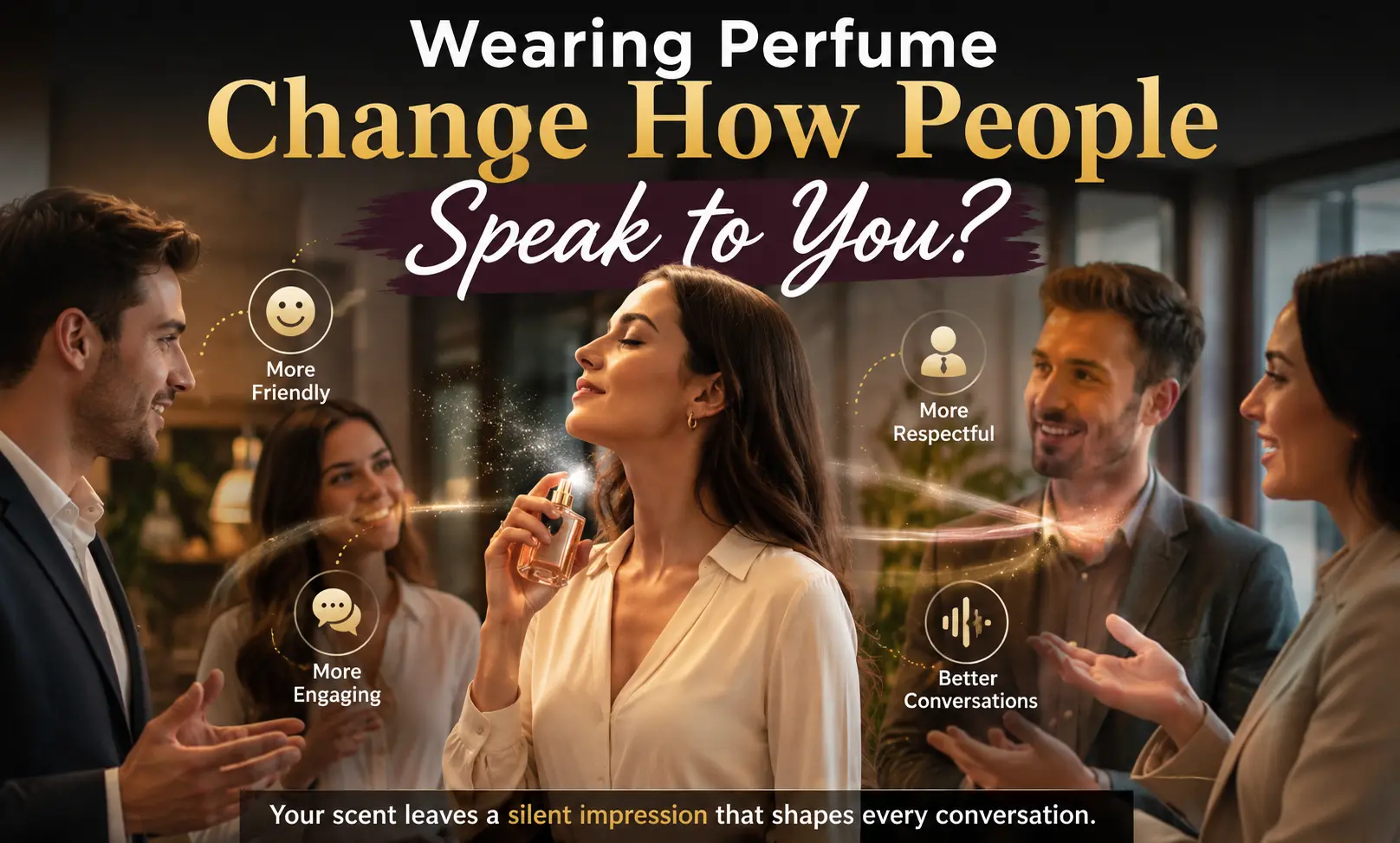 A person wearing perfume while others respond warmly in conversation, showing how scent influences tone of voice and social interaction