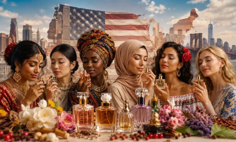 Diverse group of Americans exploring different perfume styles and scent cultures in a modern urban setting