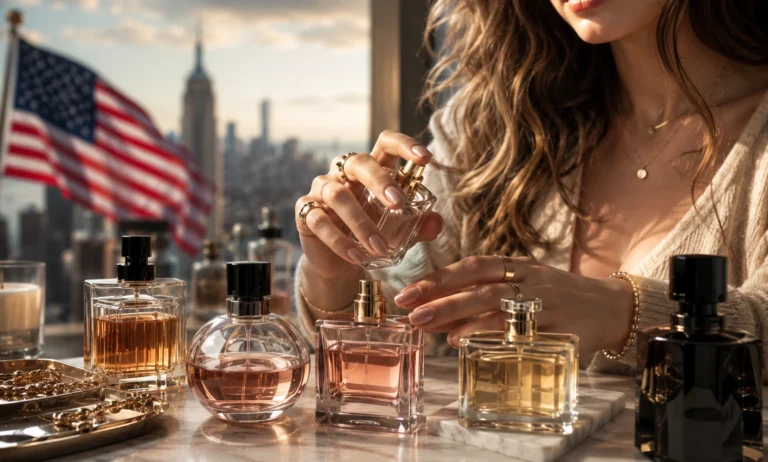 Young Americans experimenting with layered fragrances in a modern luxury perfume setting representing the rise of fragrance layering culture in the United States
