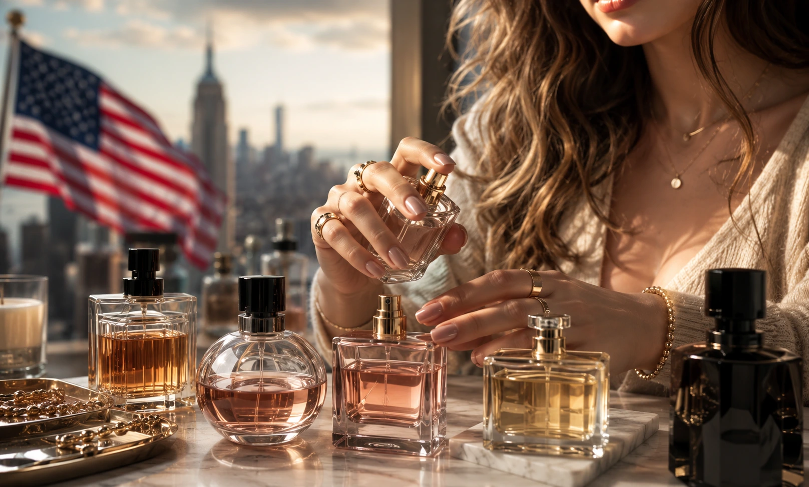 Young Americans experimenting with layered fragrances in a modern luxury perfume setting representing the rise of fragrance layering culture in the United States
