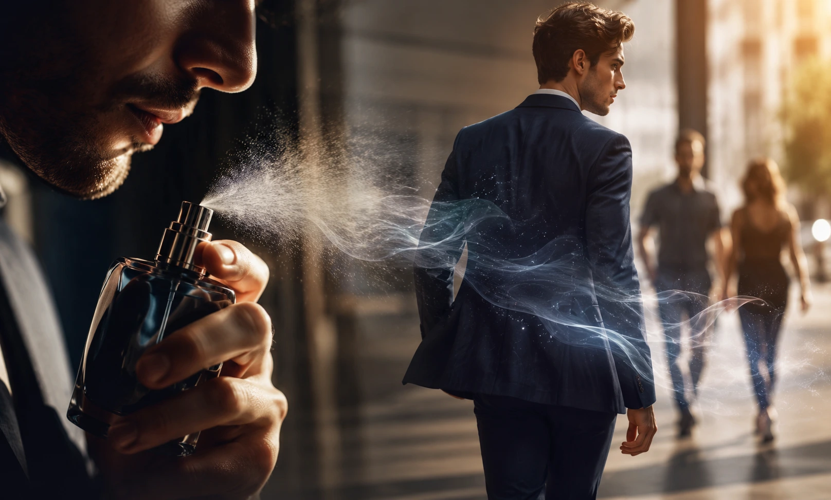 Man walking through a public space while leaving a smooth elegant fragrance trail in the air