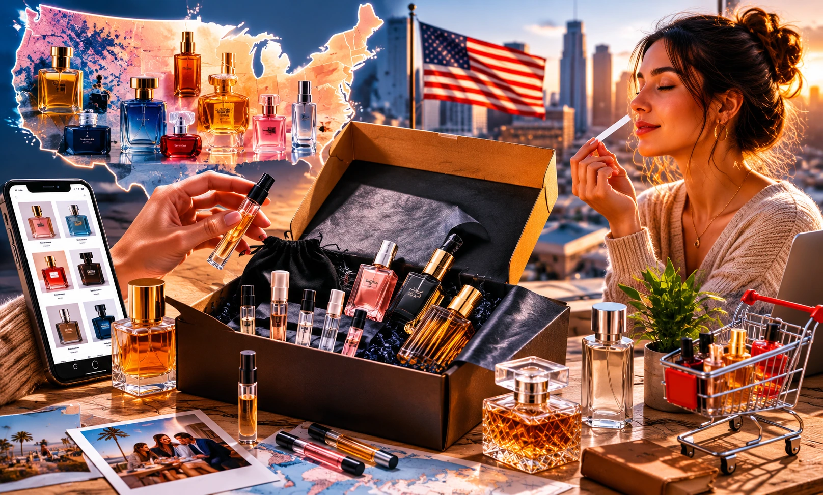 Luxury fragrance subscription box with multiple perfume samples representing modern perfume discovery culture and changing fragrance consumption trends in the United States