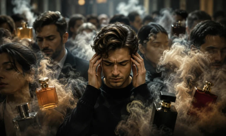 Man wearing a dense warm fragrance in a crowded indoor environment while people around him appear uncomfortable from the heavy scent atmosphere