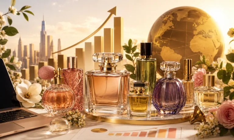 Luxury fragrance business growth concept showing premium perfume bottles, rising market trends, global expansion, and investment opportunities in the modern perfume industry