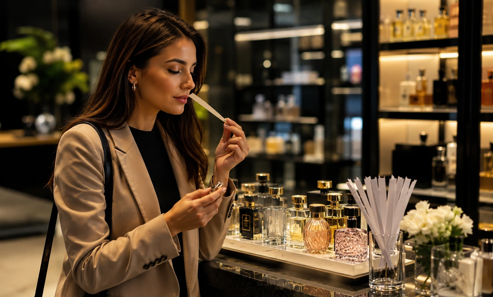 Customer testing luxury perfume samples inside a modern minimalist fragrance store with emotional shopping atmosphere