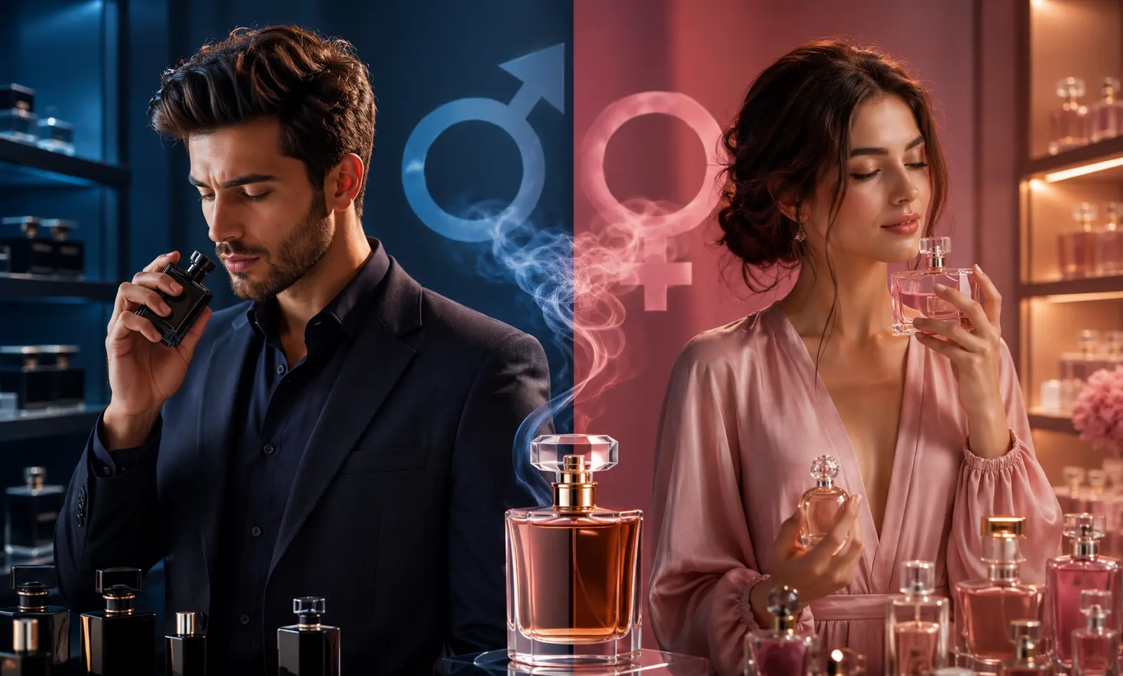 Male and female fragrance consumers showing different perfume preferences and brand loyalty behaviors while exploring luxury perfumes