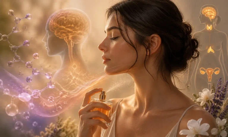 Woman applying perfume surrounded by symbolic hormone and molecular visuals representing how body chemistry and hormones affect fragrance smell, projection, and skin interaction.