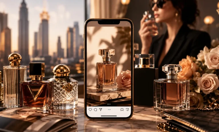 Luxury perfume bottles displayed in a visually curated Instagram-inspired setting, illustrating how social media transformed modern luxury fragrance branding through aesthetics, visual storytelling, and digital influence.