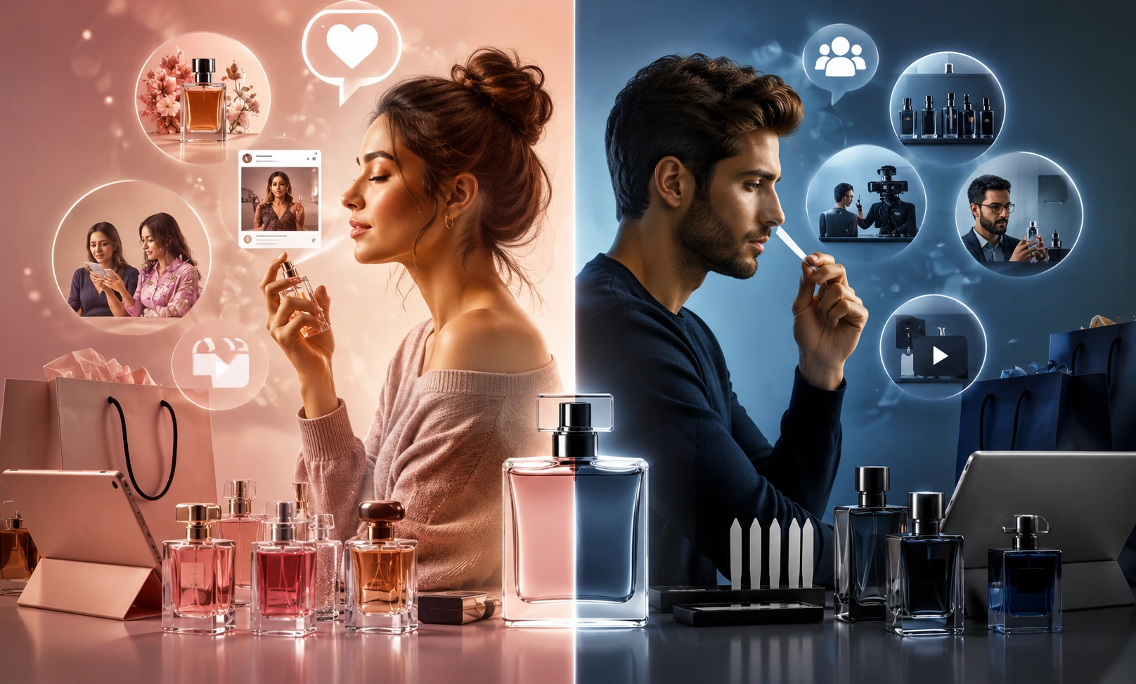 Man and woman discovering new perfumes through social media, fragrance reviews, influencers, and personal recommendations, illustrating different fragrance discovery behaviors.