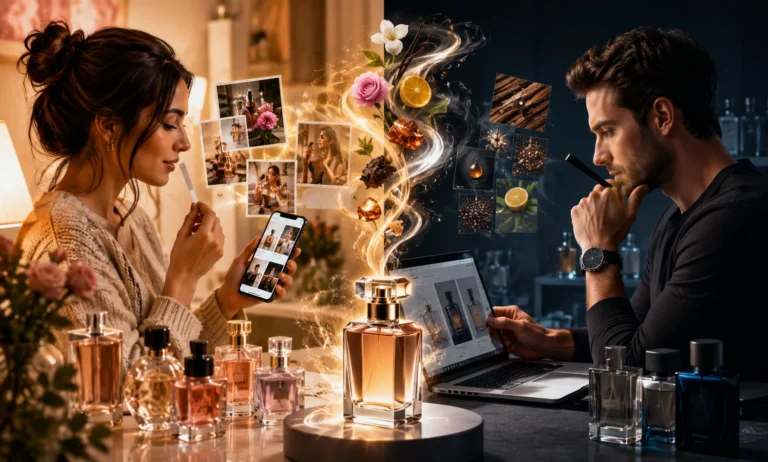 Man and woman exploring different perfume options while discovering fragrances through modern shopping experiences and scent exploration habits.