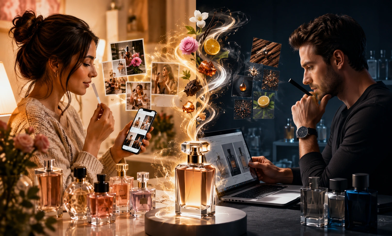 Man and woman exploring different perfume options while discovering fragrances through modern shopping experiences and scent exploration habits.