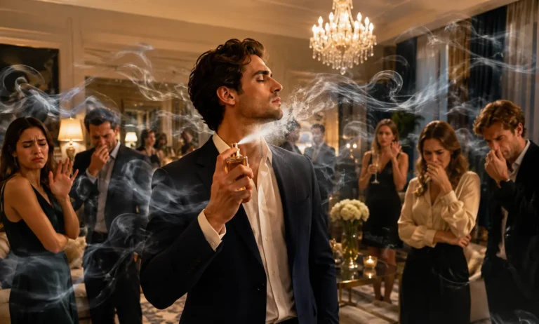 Man wearing strong perfume in a crowded indoor space while fragrance fills the room and causes visible reactions from people nearby, illustrating overpowering scent projection and perfume etiquette.