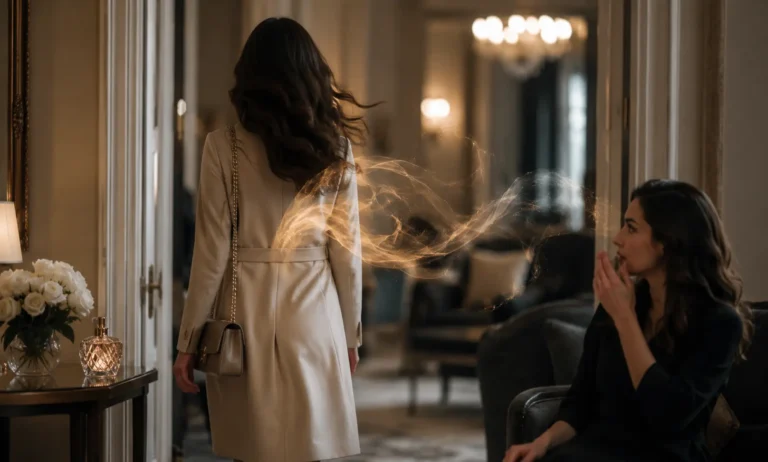 Elegant woman leaving a luxury room while her lingering perfume scent trail remains floating in the air behind her creating a memorable fragrance impression