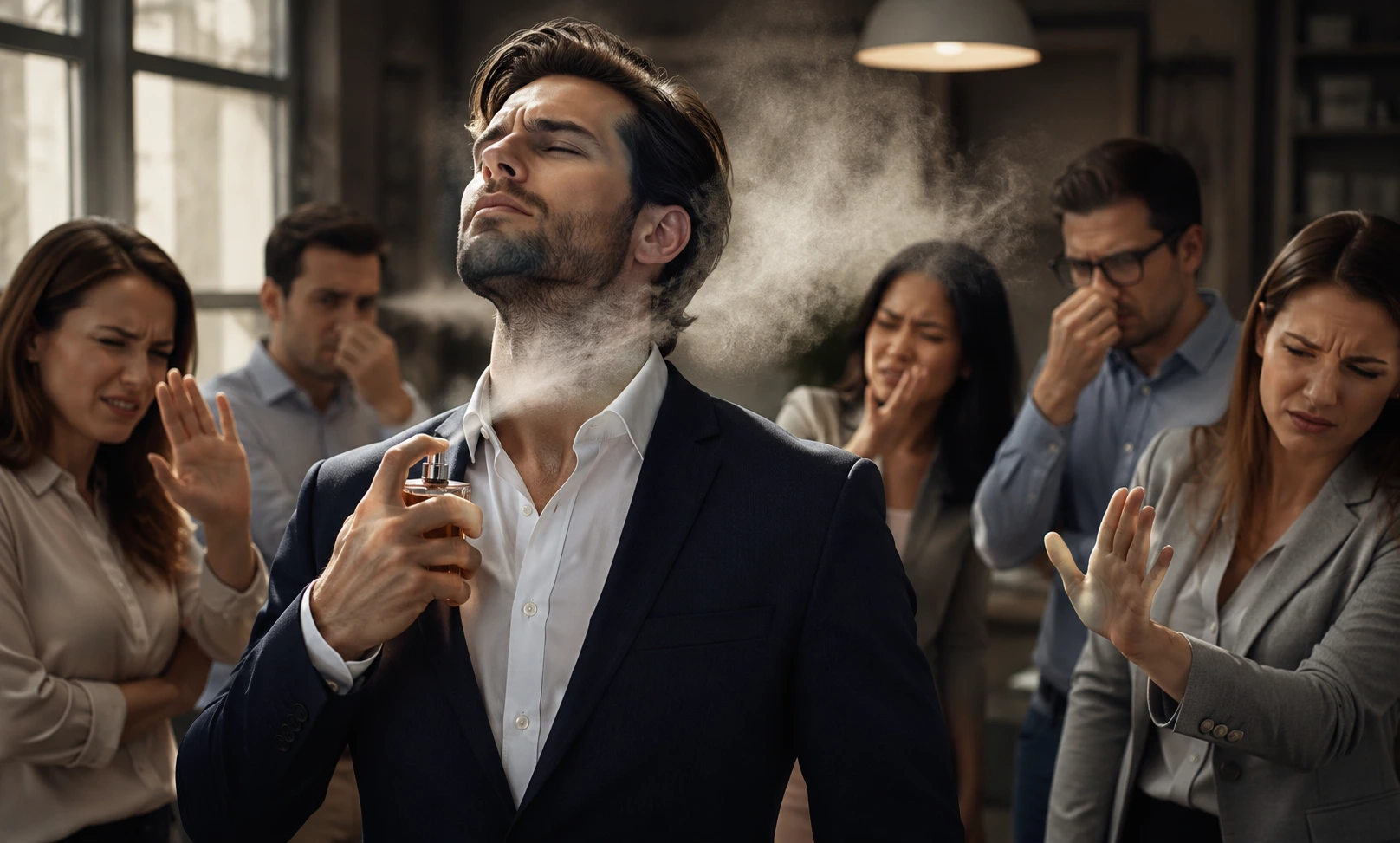 Man wearing an overpowering loud perfume indoors while people around him react with discomfort in a crowded enclosed space