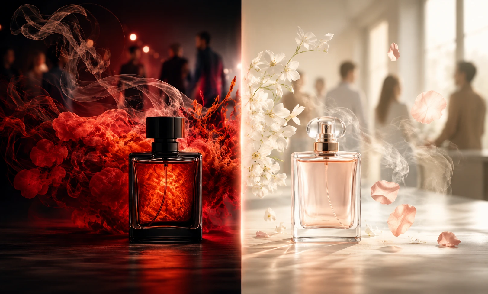 Comparison between loud and soft perfumes showing strong fragrance projection versus elegant subtle scent behavior in social environments