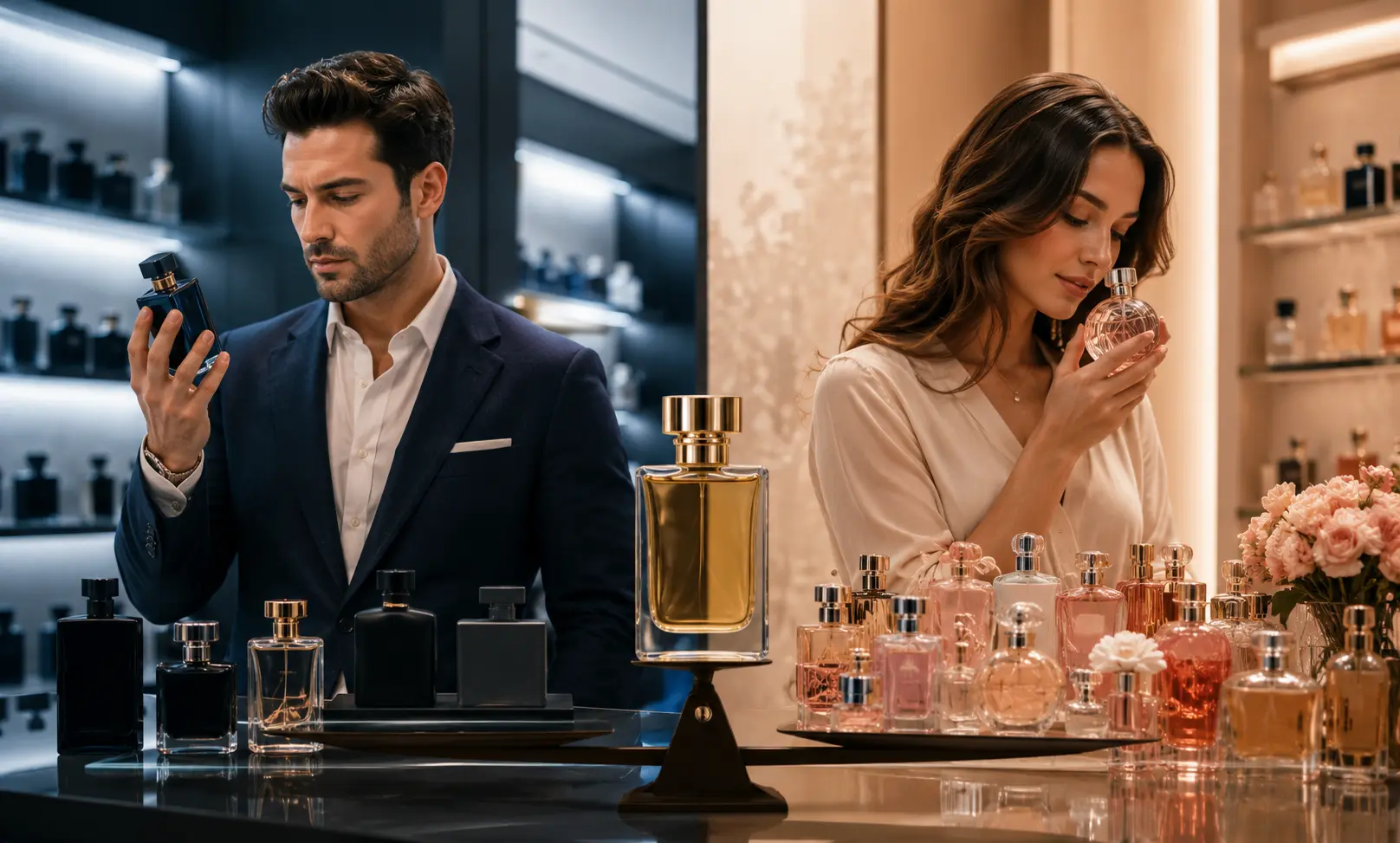Men and women exploring fragrances in a luxury perfume boutique, representing perfume spending differences, buying frequency, and fragrance collection habits