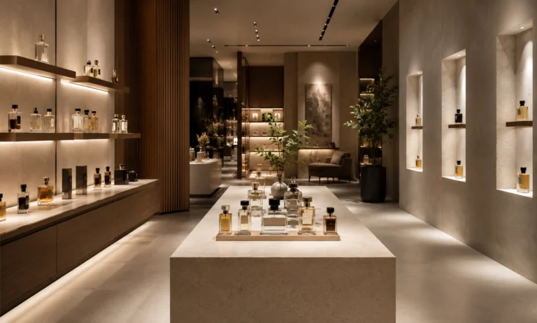 Luxury minimalist perfume store interior with elegant fragrance displays, soft lighting, clean shelves, and premium shopping atmosphere