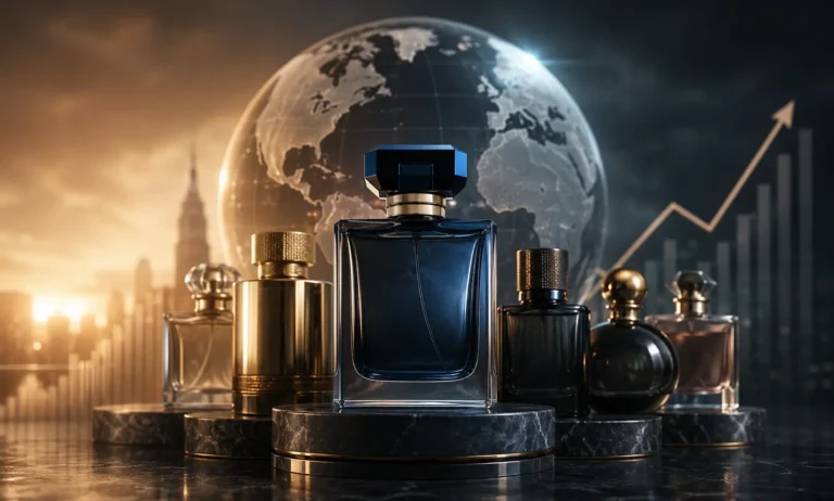 Luxury-inspired perfume bottles representing how modern fragrance brands succeed through emotional branding, affordable luxury appeal, and competitive market positioning