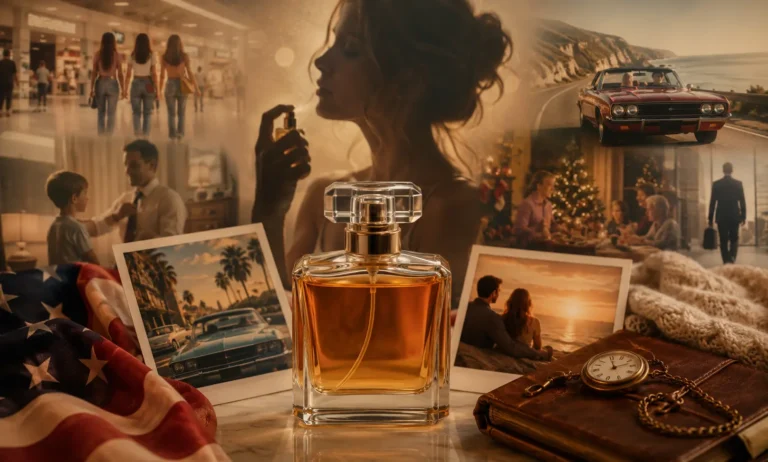 Warm nostalgic perfume scene representing emotional fragrance memories and American perfume preferences with vintage lifestyle atmosphere and soft golden lighting.