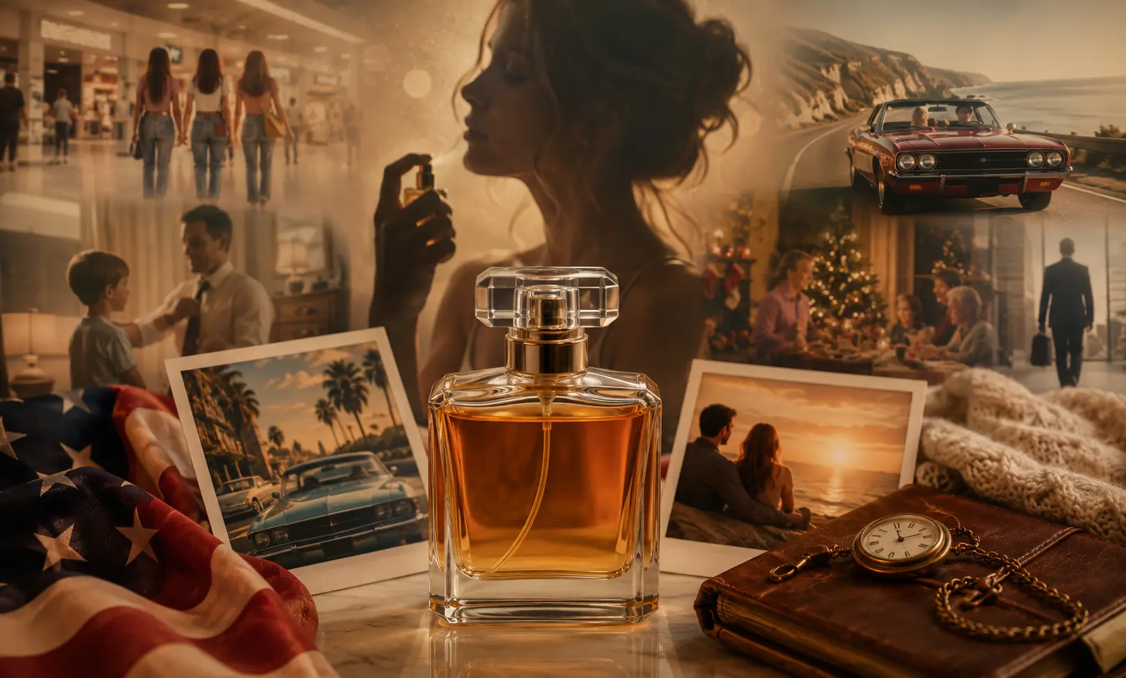 Warm nostalgic perfume scene representing emotional fragrance memories and American perfume preferences with vintage lifestyle atmosphere and soft golden lighting.