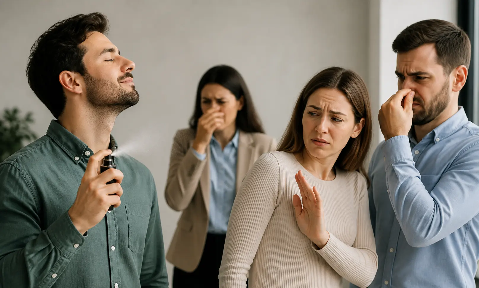 people subtly reacting negatively to a strong perfume by stepping back and avoiding close interaction
