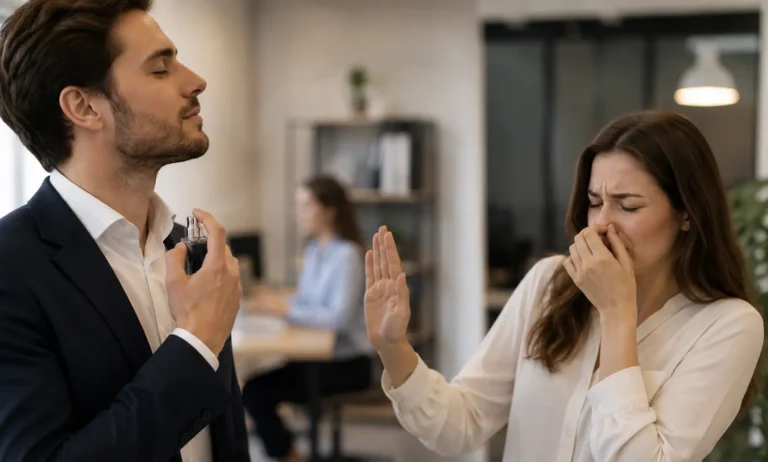 person applying subtle perfume while another person shows sensitivity reaction in a shared indoor space