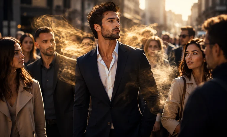 Elegant man walking through a crowded public space while his perfume scent trail subtly captures attention from people around him