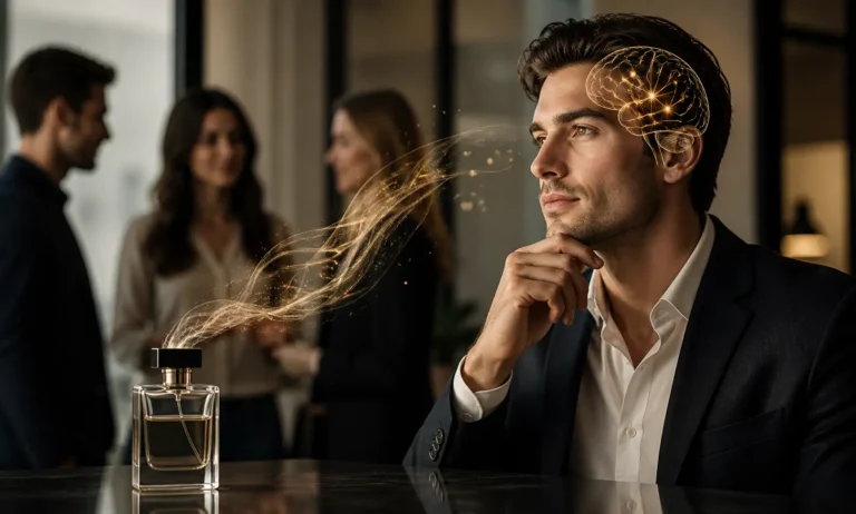 A man wearing excessive perfume in a crowded indoor space while others subtly react with discomfort, illustrating how noticeable scents can signal poor social awareness and judgment
