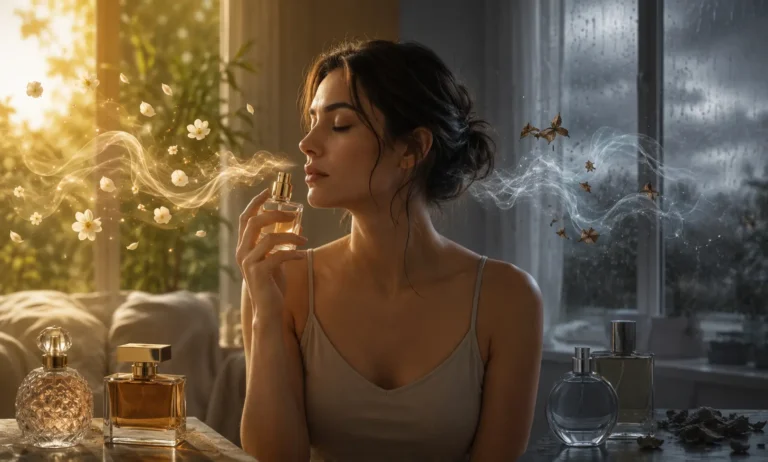 Woman smelling perfume in contrasting warm and cool environments, illustrating how temperature and conditions affect fragrance longevity and why perfume disappears faster on some days