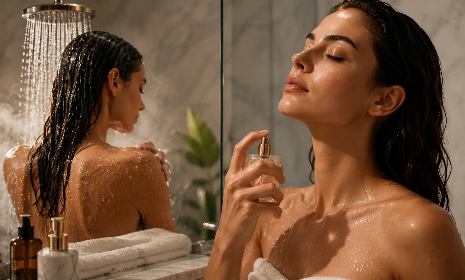 Applying perfume after a shower on warm skin demonstrating how temperature and clean skin change fragrance performance