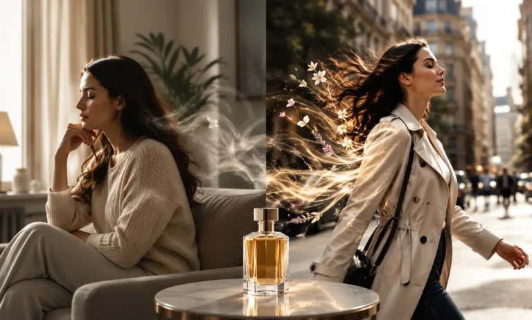 Split scene showing a woman sitting indoors and walking outside with visible scent trails, illustrating how perfume smells different when sitting versus moving due to airflow and body heat changes