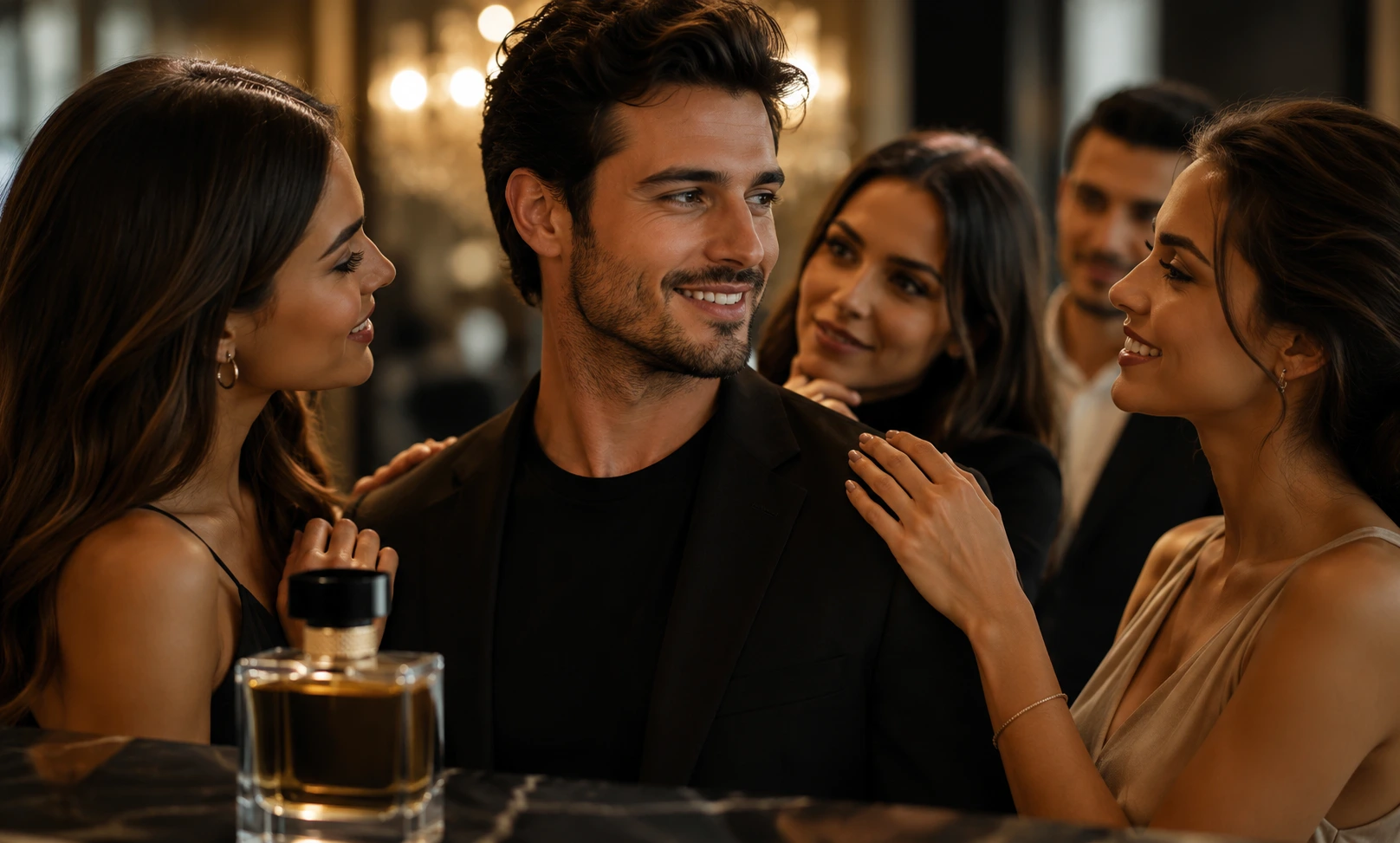 Elegant man wearing a smooth attractive fragrance that gets compliments without overpowering people in a social setting