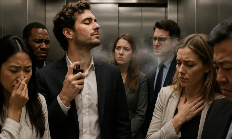 person wearing strong perfume inside a small elevator causing discomfort to others in a confined space