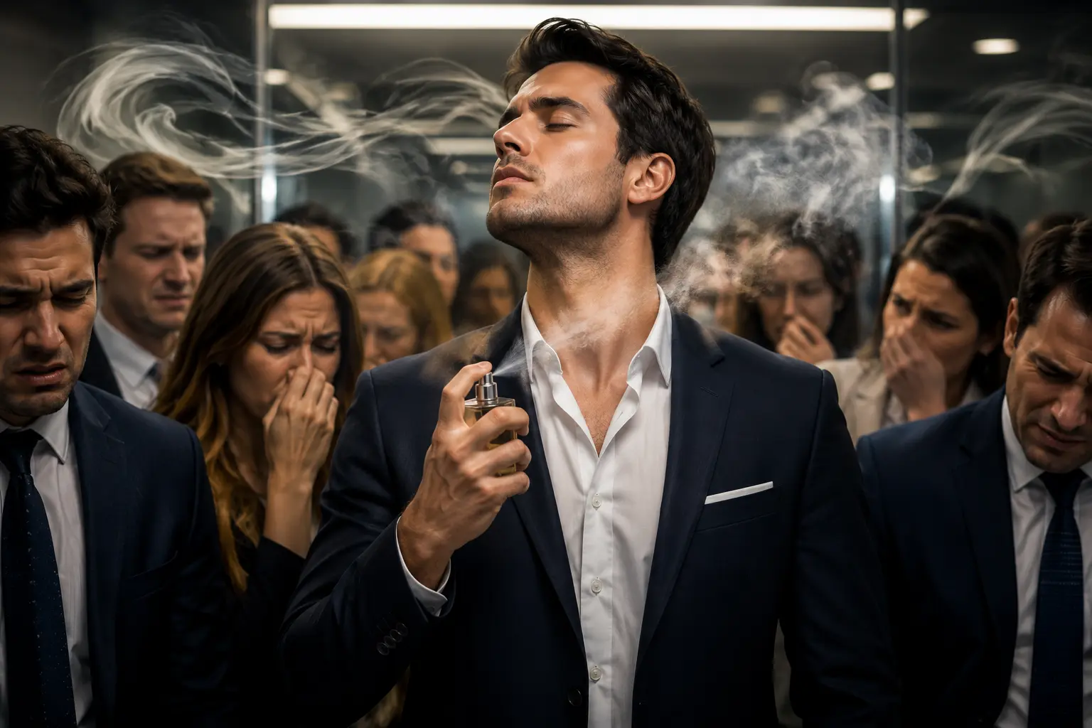 Man wearing overpowering perfume in a crowded indoor space while nearby people react subtly to the strong fragrance