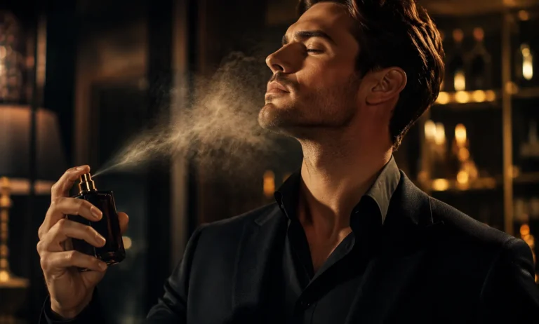 Elegant man applying a strong projection perfume creating a noticeable fragrance aura in a luxurious indoor setting