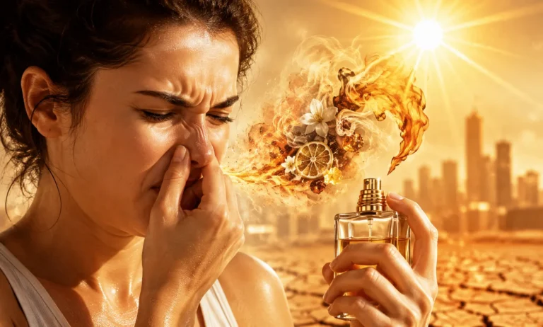 Luxury perfume reacting badly in extreme summer heat with intense sunlight, showing harsh synthetic fragrance behavior and distorted scent projection outdoors