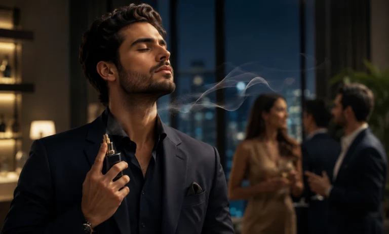 Elegant man wearing a smooth attractive fragrance in a luxury indoor social environment while people react comfortably to the scent around him