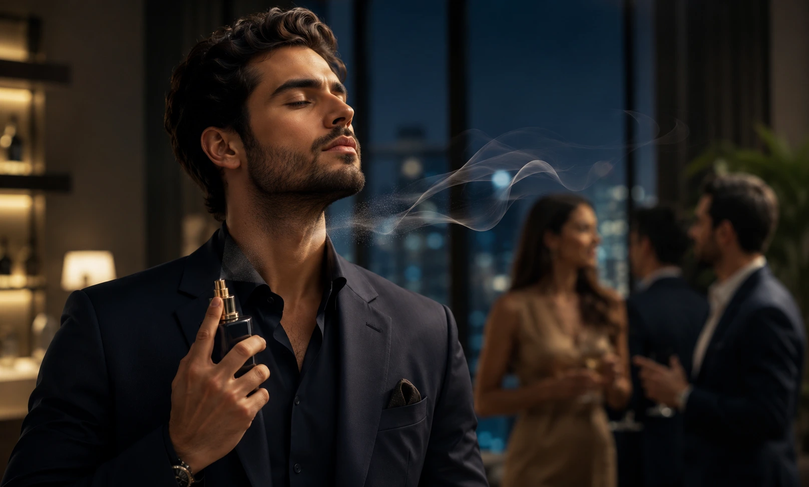 Elegant man wearing a smooth attractive fragrance in a luxury indoor social environment while people react comfortably to the scent around him