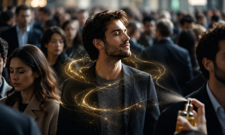 Man wearing a smooth pleasant fragrance comfortably standing in a crowded indoor public space with soft atmospheric scent aura around him
