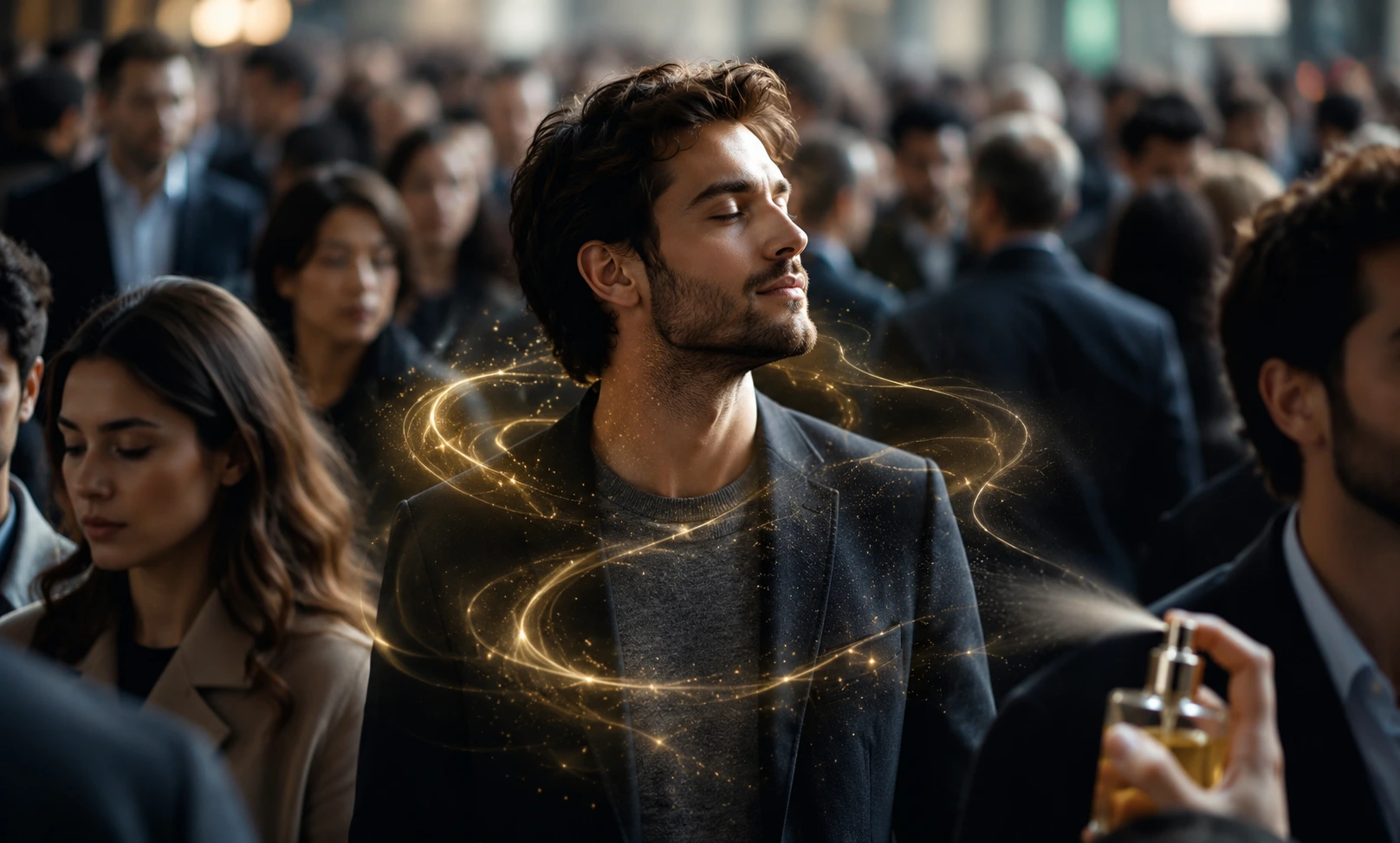 Man wearing a smooth pleasant fragrance comfortably standing in a crowded indoor public space with soft atmospheric scent aura around him