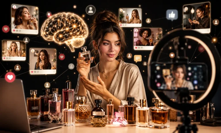 Luxury perfume influencer creating fragrance content for social media while digital algorithms and online consumer psychology shape modern perfume trends