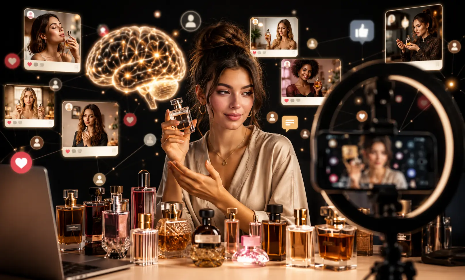 Luxury perfume influencer creating fragrance content for social media while digital algorithms and online consumer psychology shape modern perfume trends