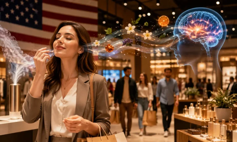 American shoppers emotionally reacting to luxury retail scent marketing inside a modern fragrance store environment