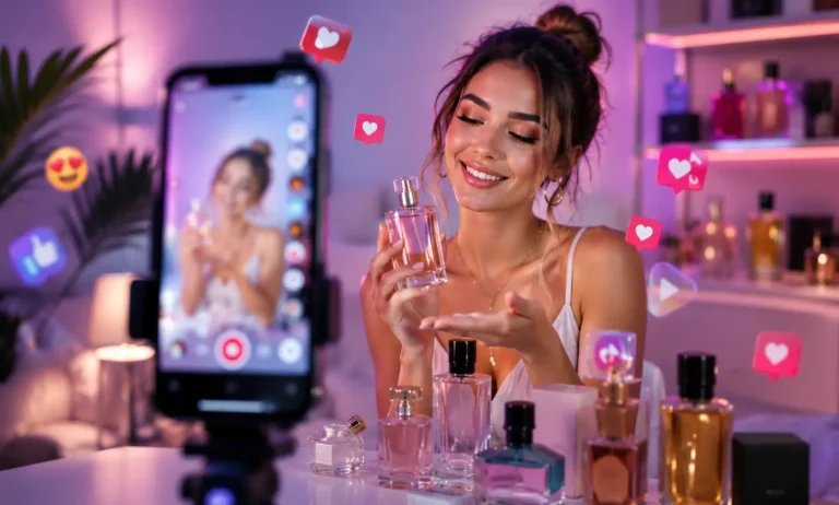 Young American fragrance influencer creating short-form perfume content for TikTok and Instagram Reels while showcasing luxury perfumes in a modern social media environment