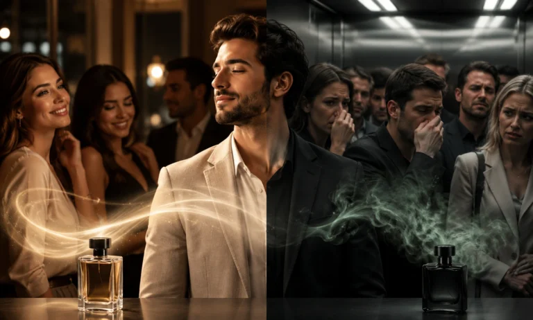 Elegant man wearing a smooth subtle fragrance in a modern indoor social environment while people around him react comfortably and positively