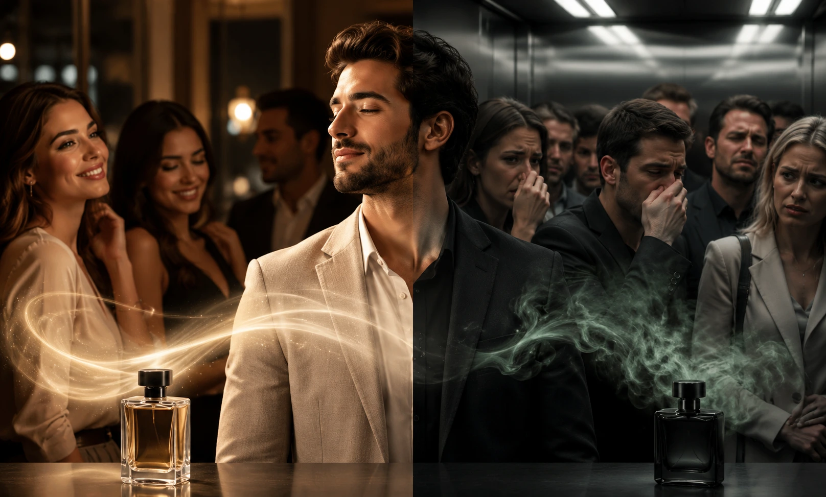Elegant man wearing a smooth subtle fragrance in a modern indoor social environment while people around him react comfortably and positively