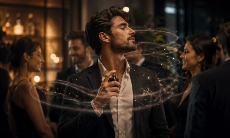 Elegant man wearing a smooth projecting luxury fragrance in a sophisticated social indoor environment