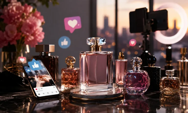 Luxury perfume bottle displayed in a modern social media inspired environment with smartphone aesthetics, soft lighting, and digital lifestyle atmosphere representing viral fragrance marketing trends in America