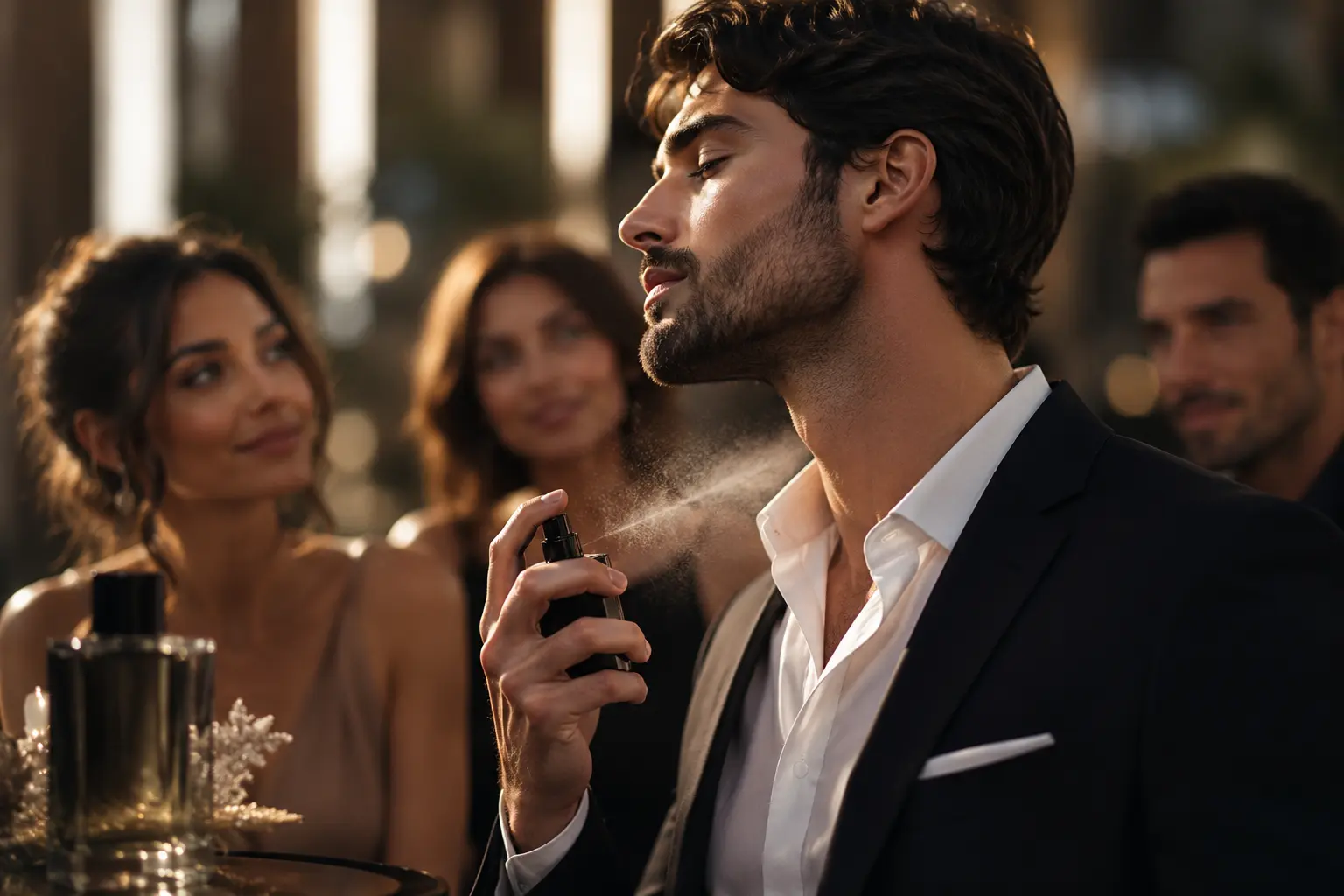 Elegant man wearing a subtle fragrance in a modern social setting while people react comfortably and positively to the soft scent atmosphere