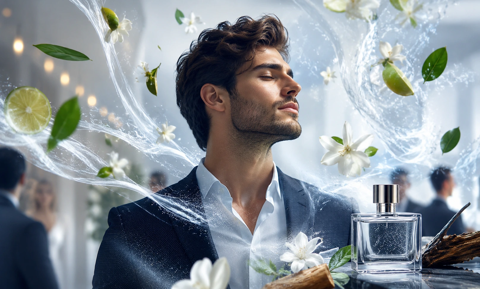 Man wearing a powerful fragrance that feels clean fresh and airy in an elegant modern indoor environment